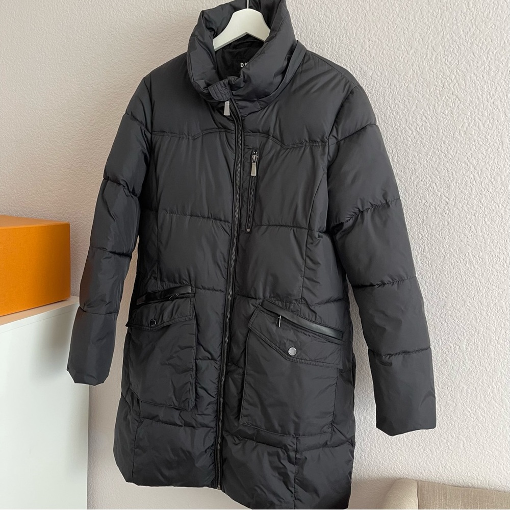 DKNY Black Hooded Midi Puffer Coat, Sz L